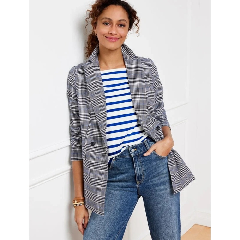 Talbots Plus Glen Plaid Blazer Womens 16W Gray Blue Cotton Business Casual